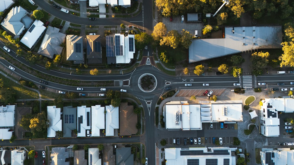 Aerial view of a road roundabout